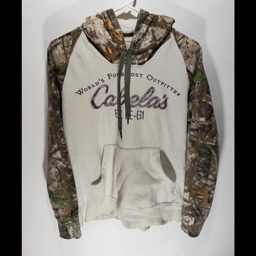 Womens Cabelas Camouflage Camo Long Sleeve Pullover‎ Hoodie Sweatshirt Sz Medium